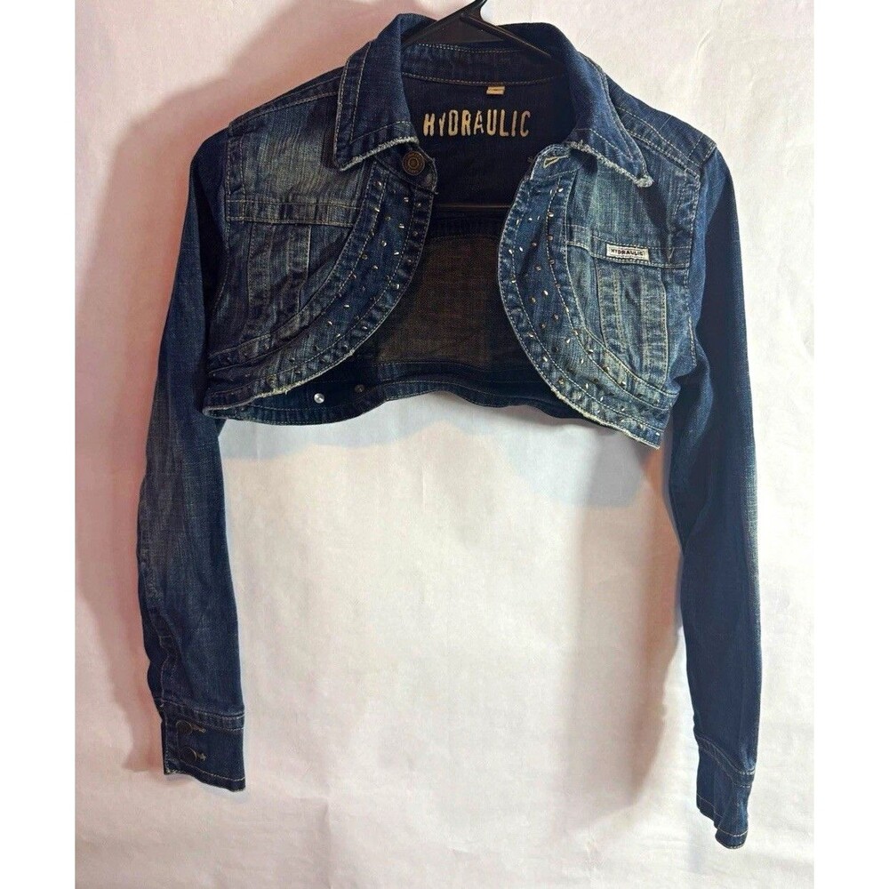 Vintage HYDRAULIC Women's Blue Cropped Studded Collar Button Jacket Slim Fit S